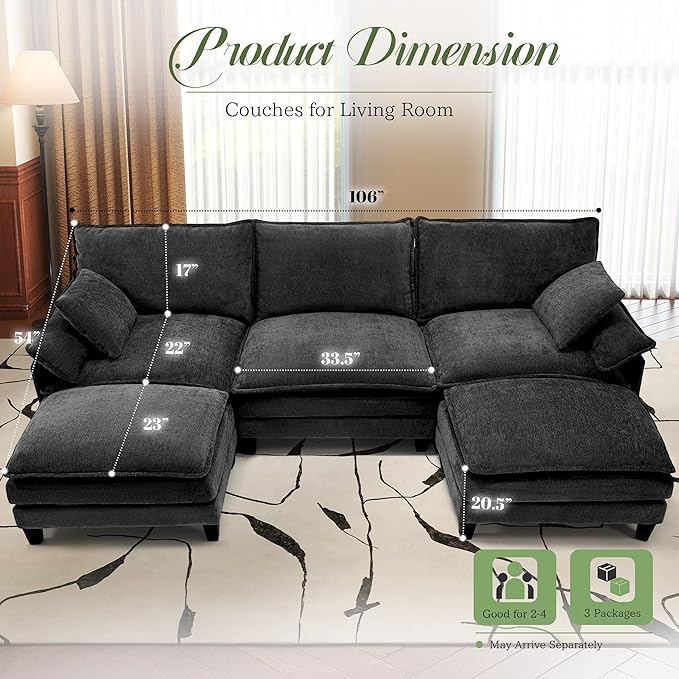 Modular Sectional Sofa, Comfy Cloud Couch with Movable Ottoman, Deep Seat Couches for Living Room, Bedroom and Apartment, 106" U Shaped Modern Sofa with Pillows, Black