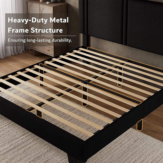 iPormis Queen Platform Bed Frame with Fabric Upholstered Headboard & Thickened Legs, Mattress Foundation with Solid Wooden Slats Support, No Box Spring Needed, Noise Free, Black