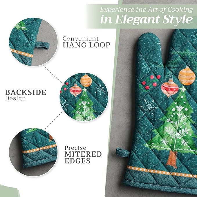 Maison d' Hermine 100% Cotton Oven Mitt & Pot Holder Set (7.5"x13" & 8"x8") Heat Resistant BBQ Cooking Gloves with Loop for Thanksgiving Christmas Decorations Handling Hot Pans (Hygge Christmas)
