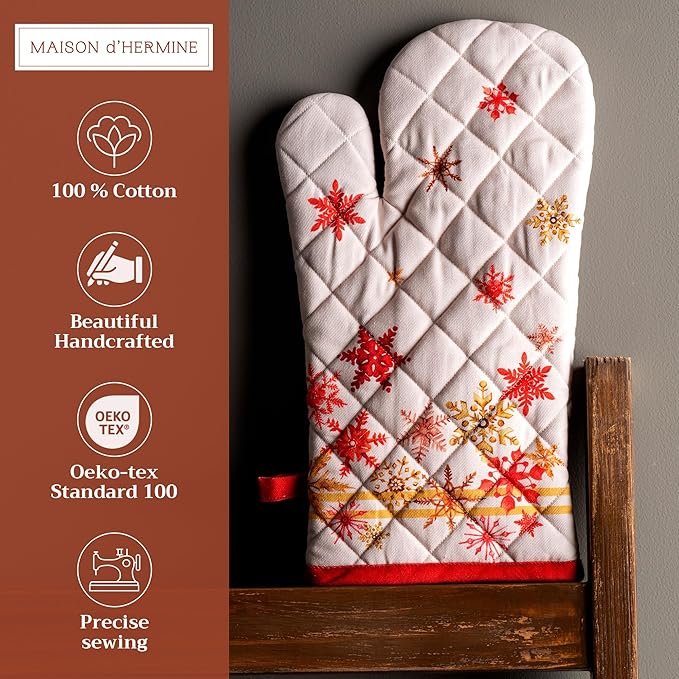 Maison d' Hermine Oven Gloves 100% Cotton Oven Mitt 7" x 13" with Loop Heat Resistant BBQ Cooking Gloves for Thanksgiving Christmas Decorations Baking Handling Hot Pans (Pack of 1, Crystal Star)