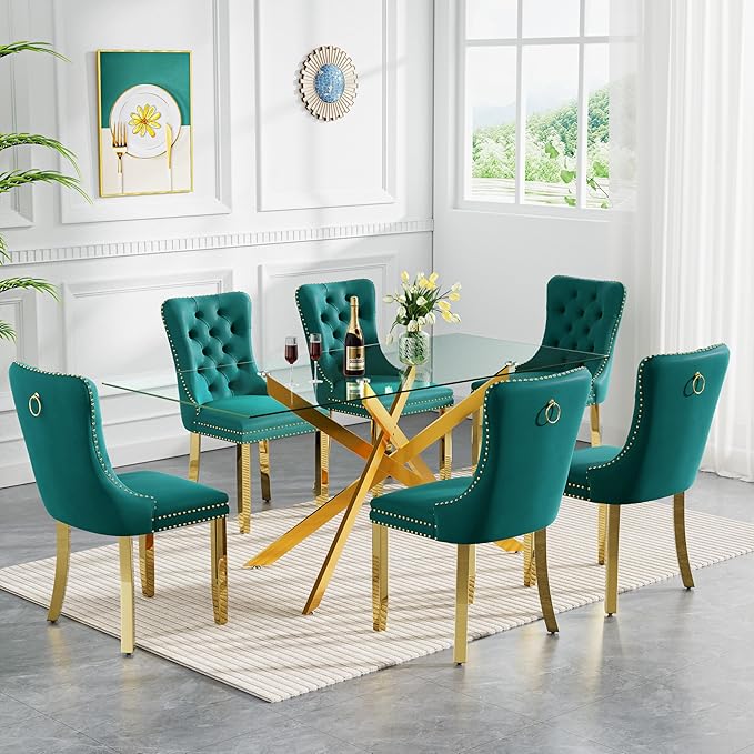 Goujxcy 7 Piece Glass Dining Table Set Modern Glass Dining Table Set for 6, 61" Rectangular Gold Kitchen Table and 6 Velvet Upholstered Chairs, Gold Table & Green Chair