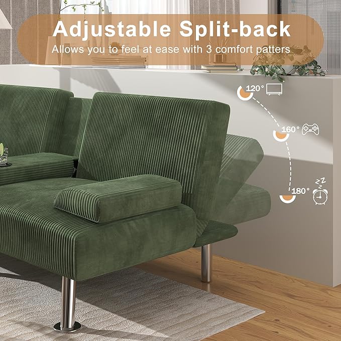 Shahoo Modern Upholstered Convertible Folding Futon Sofa Bed with Removable Armrests, Metal Legs, 2 Cup Holders for Living Room, Green