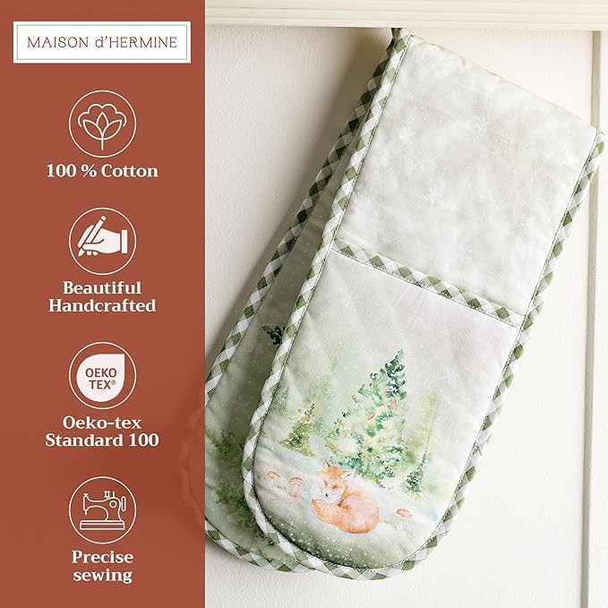 Maison d' Hermine Double Oven Mitt (7" x 35") 100% Cotton Heat Resistant BBQ Cooking Gloves with Loop for Thanksgiving Christmas Decorations Baking Cooking Barbeque Handling Hot Pan (Winter Mornings)