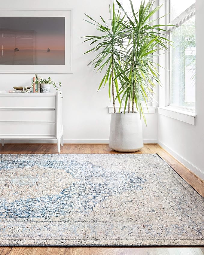 Loloi Layla Collection LAY-07 Blue/Tangerine 2'-3" x 3'-9" .13" Thick Accent Rug, Soft, Durable, Vintage Inspired, Distressed, Low Pile, Non-Shedding, Easy Clean, Printed, Living Room Rug