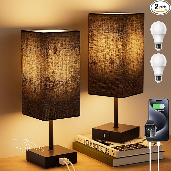 Sailstar Bedside Table Lamps Set of 2, Touch Bedroom Lamp with USB C+A Charging Ports, 3 Way Dimmable Lamps for Night Stands, Small Table Lamp for Bedroom Decor, LED Bulbs Included, Upgraded Black