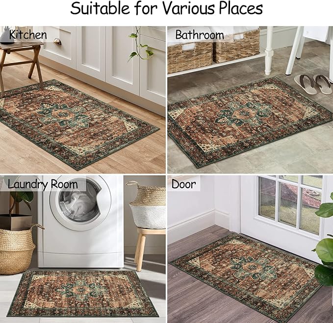 Moynesa Washable Vintage Bathroom Rug, Small Area Rug 2x3 Entryway Rug Indoor Door Mat, Boho Kitchen Rugs Non Skid Non Slip, Non-Shedding Ultra-Thin Oriental Throw Carpet for Bedroom Decor