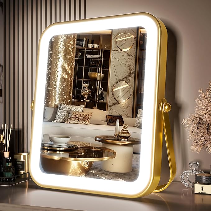 PRIMETEK Vanity Mirror with Lights, 10"x8" LED Lighted Makeup Mirror, Portable Makeup Mirror with Lights, Touch Screen, 3-Color Lighting, 5X Magnification, for Vanity Desk Tabletop, Bedroom,