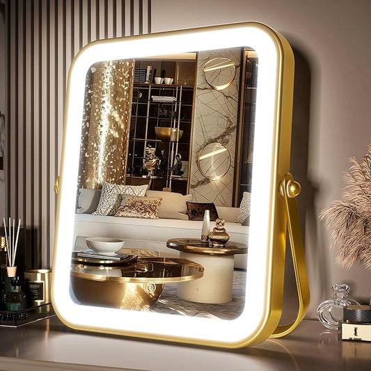 PRIMETEK Vanity Mirror with Lights, 10"x8" LED Lighted Makeup Mirror, Portable Makeup Mirror with Lights, Touch Screen, 3-Color Lighting, 5X Magnification, for Vanity Desk Tabletop, Bedroom,