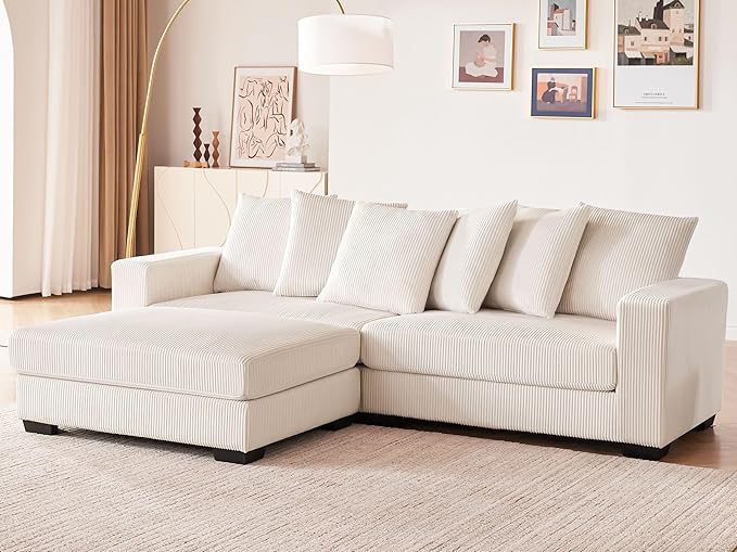 101.6" Deep Seat Modular Sectional Sofa, Comfy Corduroy Sectional Couches for Living Room, L-Shaped Upholstered Cloud Couch with Chaise, Widened Armrests for 4 People, Beige