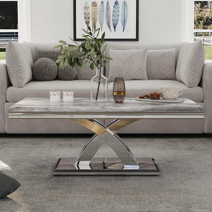 AUZ Silver Coffee Table Set of 2, Living Room Table Set with X- Shape Design Polished Stainless Steel Frame
