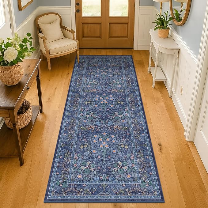 Dark Blue 2'6" x 10' Long Runner Rugs for Hallway, Oriental Floral Washable Non Slip Rug for Kitchen, Entryway Stain Resistant - Vintage Navy Blue Geometric Floral Décor