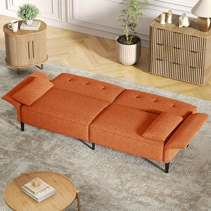 89” Futon Sofa Bed, Comfy Futon Couch Bed with 2 Square Pillows, Convertible Sleeper Sofa with Adjustable Backrest&Armrests, Modern Loveseat Sleeper for Living Room,Velvet Fabric,Burnt Orange