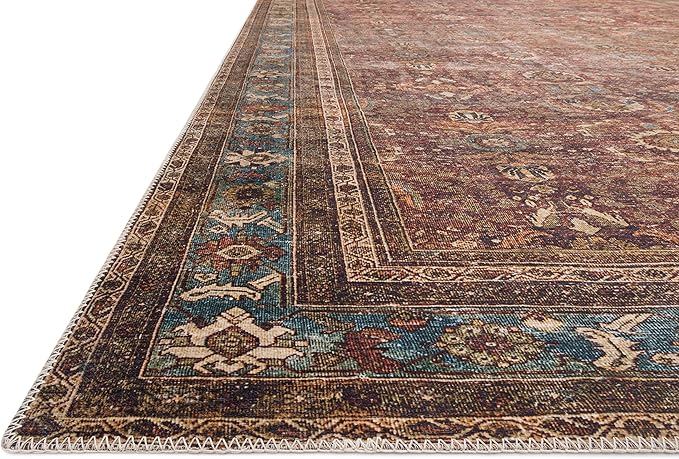 Loloi Layla Collection LAY-01 Brick/Blue 2'-6" x 12'-0" .13" Thick Runner Rug, Soft, Durable, Vintage Inspired, Distressed, Low Pile, Non-Shedding, Easy Clean, Printed, Living Room Rug