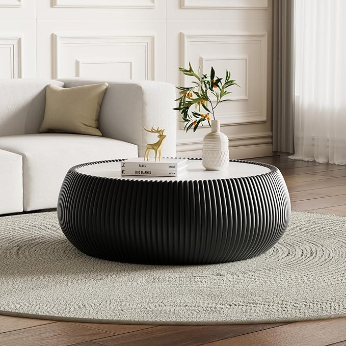 Black Round Coffee Table with Sintered Stone Tabletop, 27.55" Drum Coffee Table with Fluted PU Leather Covered and Stable Base, Circle Cocktail Tea Table for Living Room