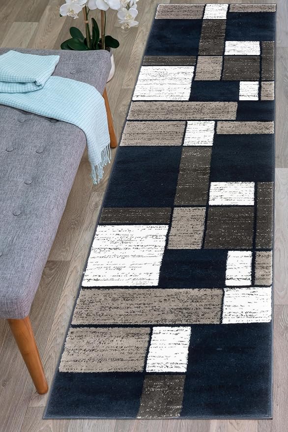 Rugshop Modern Geometric Boxes Navy Area Rug, Carpet with Jute Backing for Hallway, Entryway, or Laundry Room, 2' x 7'2"
