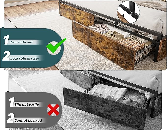 EnHomee King Size Bed Frame with 6 Storage Drawers King Bed Frame and Headboard, Storage Bed with Charging Station, No Noise,No Box Springs Needed,Vintage Brown