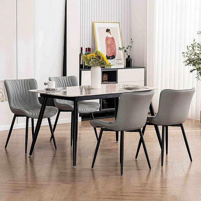 YOUTASTE Dining Chairs Set of 2, Mid Century Modern Upholstered Faux Leather Kitchen Room Chairs, with Black Metal Legs, Armless Accent Chair for Living Room, Bedroom, Vanity, Grey