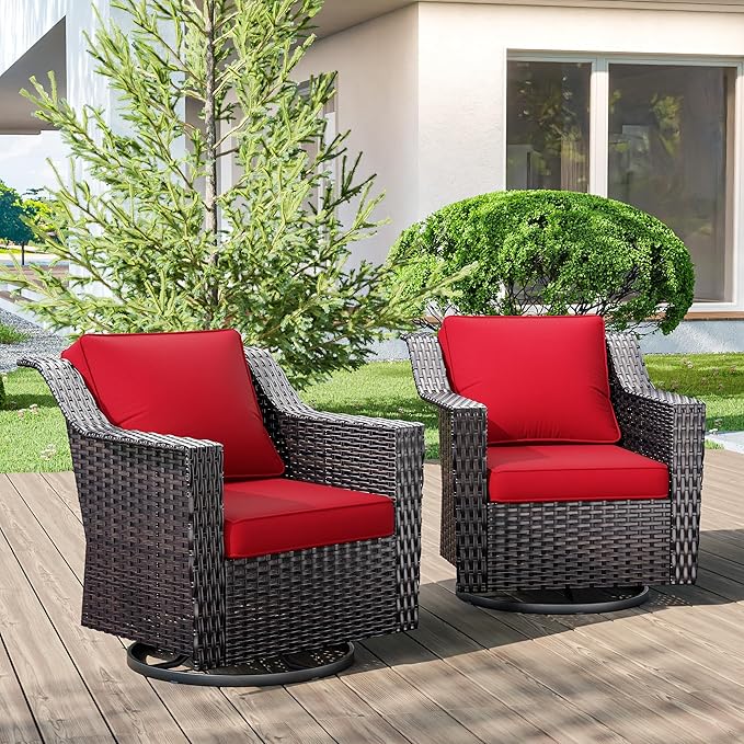 Outdoor Swivel Chairs Set of 2, Luxury Wicker Patio Chair with Wide Armrest, Thickened Cushions, Outdoor Rattan Furniture for Deck, Porch Use