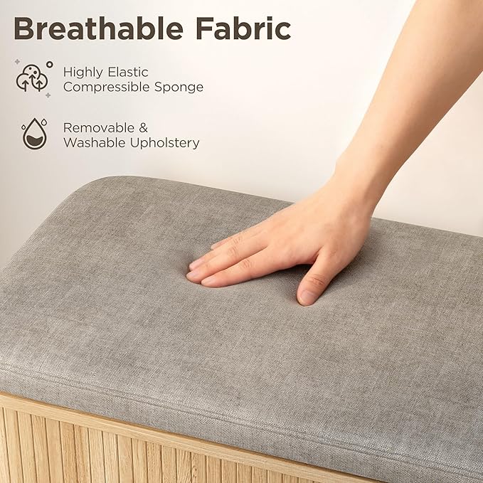 Maupvit 2 Tier Shoe Storage Bench with Smooth Fluted Sliding Doors, 39.4" Wide Entryway Bench with Storage, Thickened Padded Seat Cushion, Hidden Shoe Organizer Cabinet for Living Room, Oak