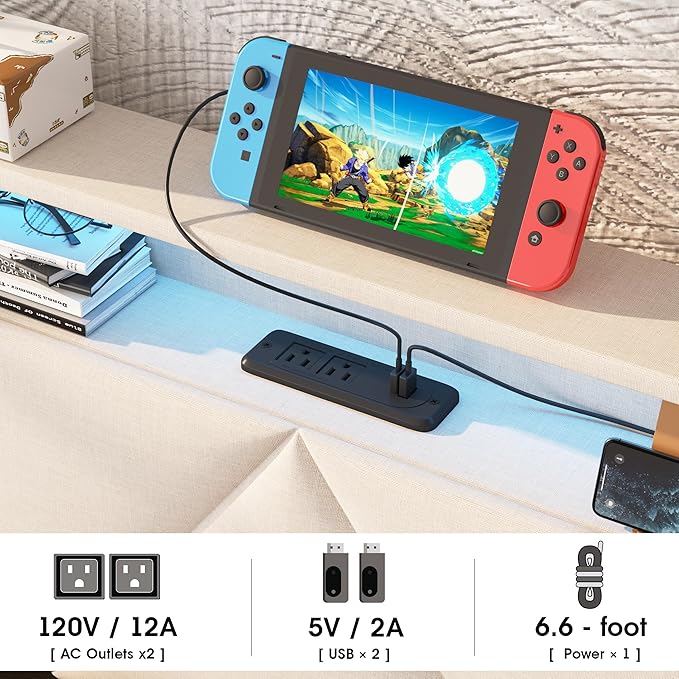 Vabches Full Bed Frame with Storage Headboard and 4 Drawers,Upholstered Platform with Charging Station and Led Lights,Adjustable Headboard,No Box Spring Needed,Beige