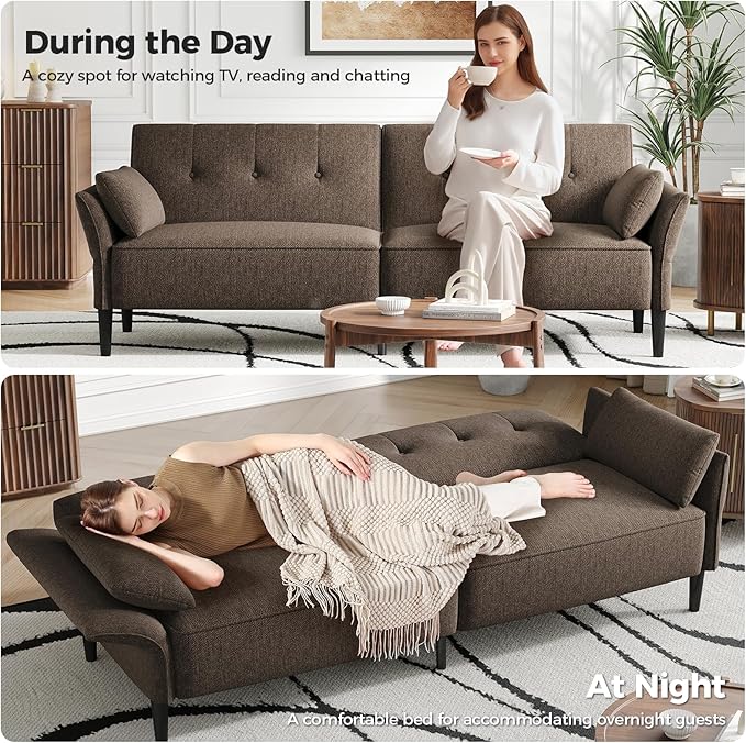 89” Futon Sofa Bed,Comfy Futon Couch Bed with 2 Square Pillows,Convertible Sleeper Sofa with Adjustable Backrest& Armrests, Modern Loveseat Sleeper for Living Room, Bedroom, Linen Brown