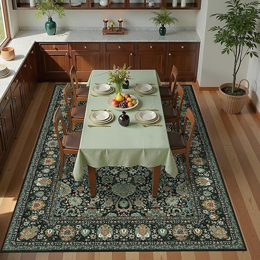 Dark Green Floral Living Room Rug 5x7 Washable Rugs Boho Vintage Oriental Large Foldable Faux Wool Carpet for Bedroom Nursery Room Dorm Kids Playroom Home Office