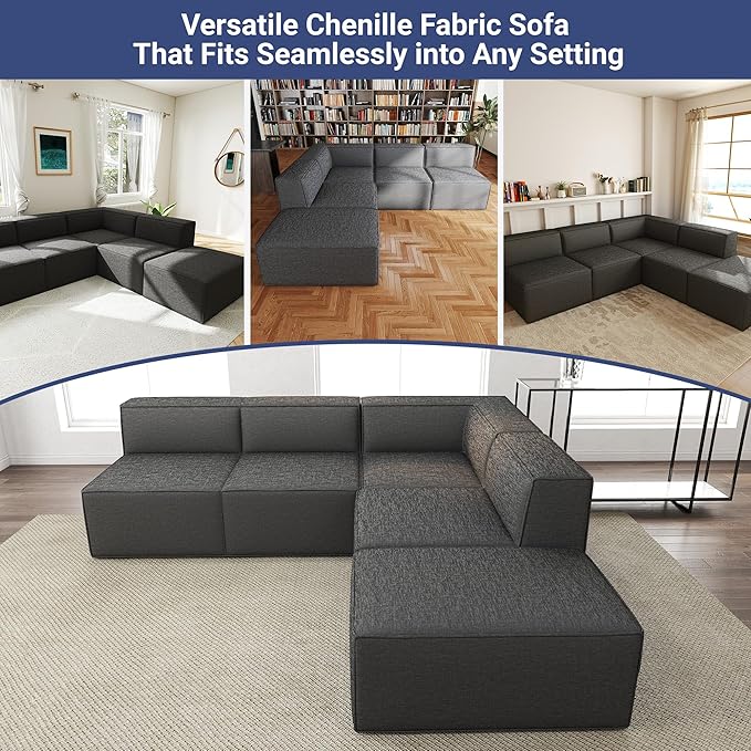 97"+57" 5-Piece Modular Sectional Sofa Convertible Cube Thick Couch 2 3 4 Seat Set, L-Shape, No Assembly for Living Room (3xArmless+1xCorner+1xOttoman) Fabric Chenille Grey