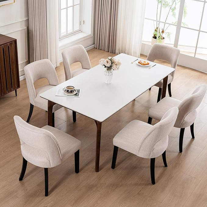 VKNOW Wooden Dining Chairs Set of 6, Modern Fabric Upholstered Dining Room Chair Kitchen Chairs, Farmhouse Dinner Chair for Kitchen Dining Room, Beige-Black Legs