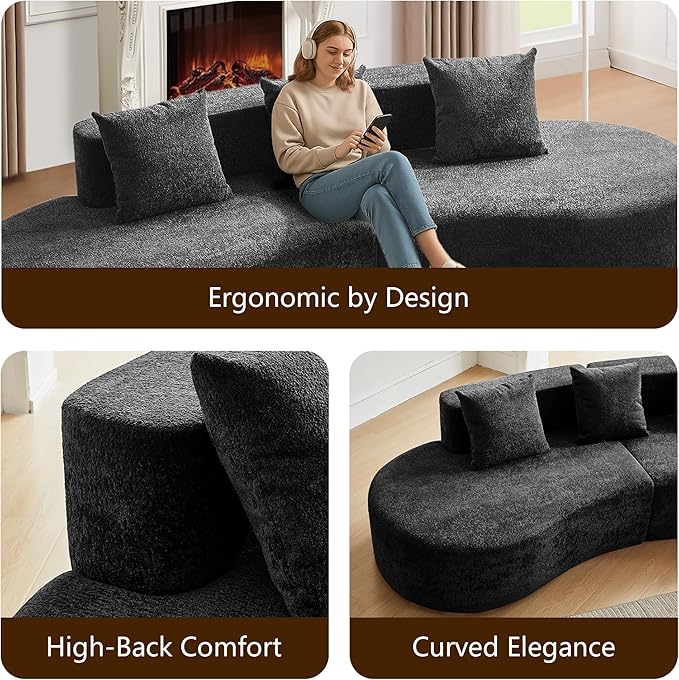 109'' Curved Couch, Mid Century Modern Half Moon Sofa, Luxury 3-Seat Couch with High-Density Foam Filled, Raindrop Velvet Fabric Sectional Sofa for Living Room, Apartment, Office, Black