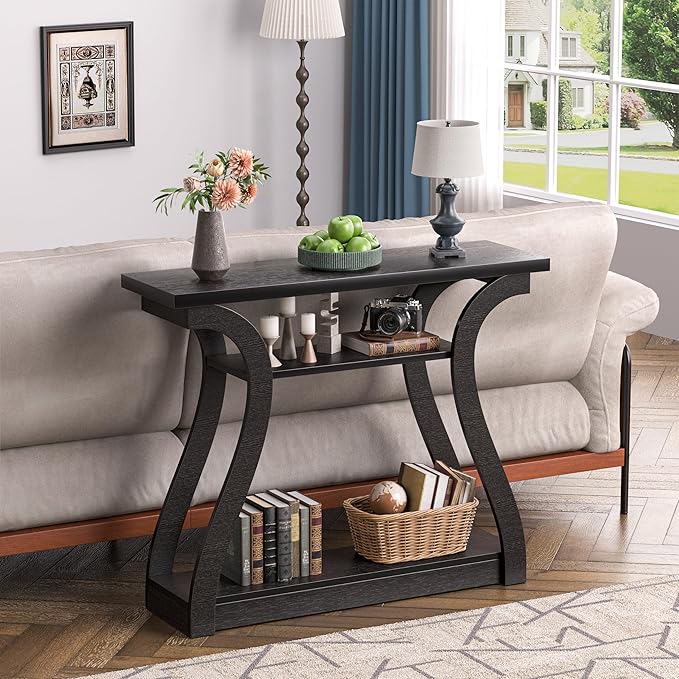 Wooden Console Table with Curved Legs and Shelf, 3-Tier Modern Accent Sofa Table for Entrance Area, Living Room, Hallway, 47 in Wide (Black)