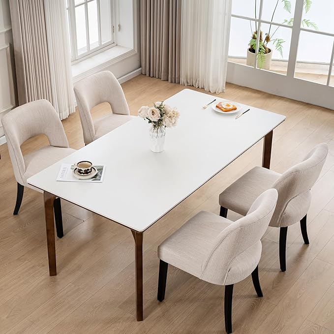 VKNOW Wooden Dining Chairs Set of 2, Modern Fabric Upholstered Dining Room Chair Kitchen Chairs, Farmhouse Dinner Chair for Kitchen Dining Room, Beige-Black Legs