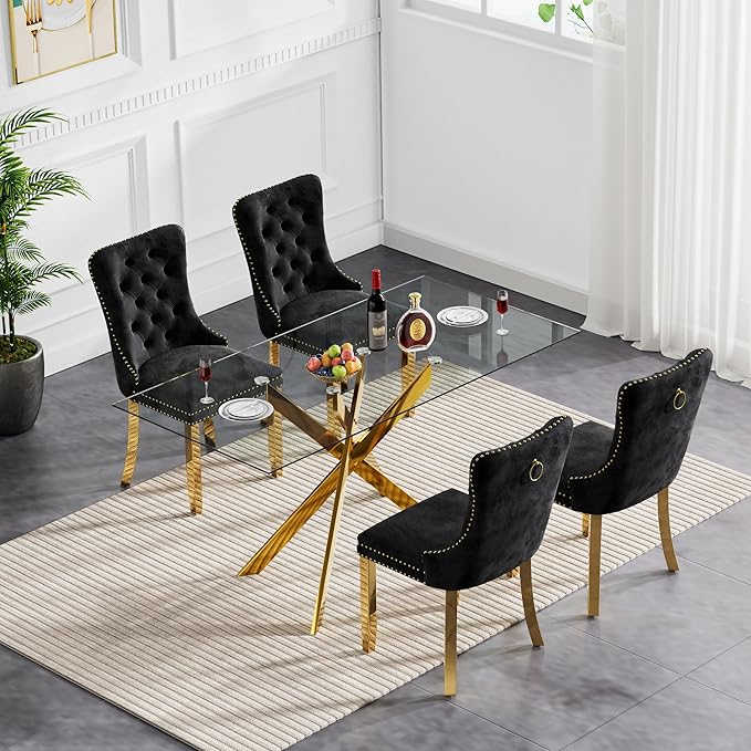 Goujxcy 5 Piece Glass Dining Table Set Modern Glass Dining Table Set for 4, 51" Rectangular Kitchen Table and 4 Velvet Upholstered Chairs for Kitchen Dining Room, Gold Table & Black Chair