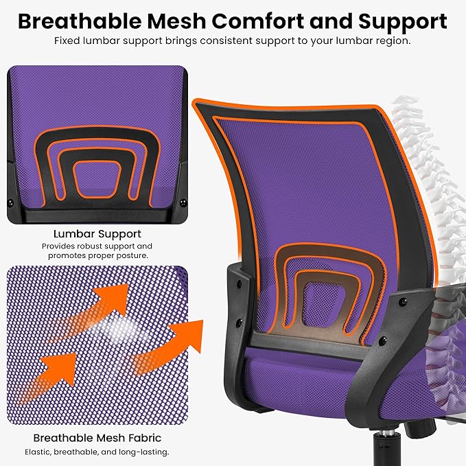 Yaheetech Office Chair Ergonomic Mesh Chair w/Lumbar Support Armrest Wheels Comfortable Racing Seat Adjustable Swivel Rolling Home Executive Mid Back Computer Chair for Adults, Purple