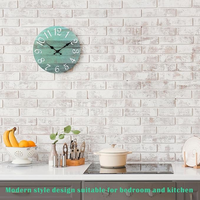 Plumeet Small Wall Clock, 10'' Frameless Wooden Wall Clocks with Silent Quartz Movement, Rustic Coastal Country Village Clocks Decorative for Kitchen Bedroom Living Room, Green