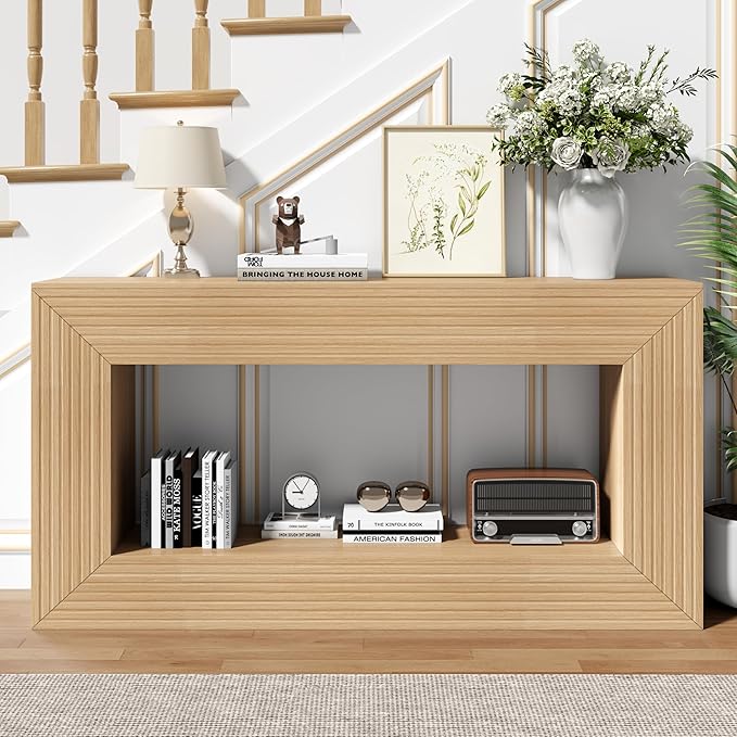 55" Console Table, 2-Tier Farmhouse Sofa Table with Storage Behind Couch, Narrow Rectangular Entryway Table for Living Room, Hallway, Entrance, Foyer, Natural