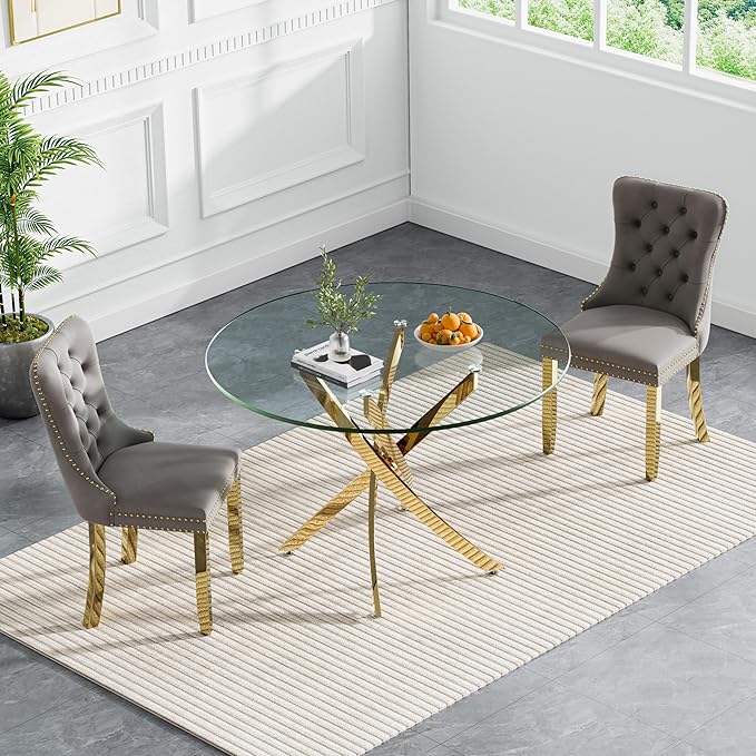 Goujxcy 3 Piece Round Glass Dining Table Set for 2, 36" Round Dining Table & Chair Set Modern Circle Glass Kitchen Table and 2 Velvet Upholstered Chairs for Kitchen Dining (Gold Table & Grey Chair)