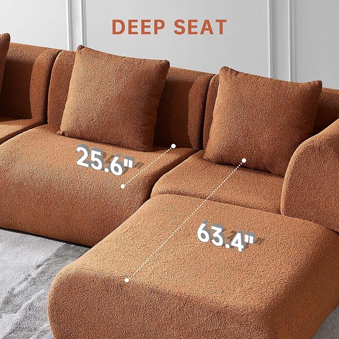 118" Modular Sectional Sofa with Movable Ottoman, 3-Seater Modern Teddy Velvet L-Shaped Couch, Convertible Cloud Sofa for Living Room, Sectional Boneless Couch