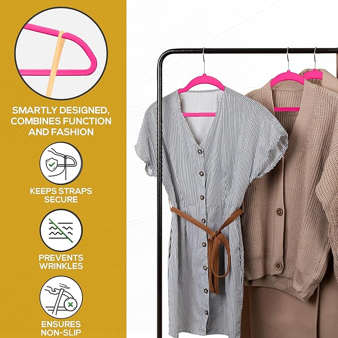 Premium Velvet Hangers 50 Pack Ultra Thin Non Slip Adult Felt Space Saving Suit Hanger for Closet Heavy Duty Coat Pants Jackets Dress Hangers 360° Swivel Hook Hold Upto 10 lbs Dark Pink