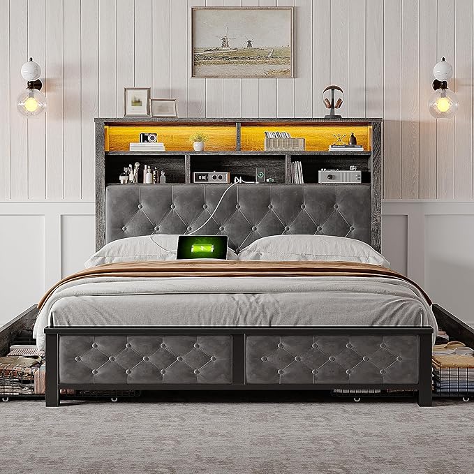EnHomee Full Size Bed Frame with 4 Storage Drawers and Headboard Upholstered,Wooden Full Bed Frame with Charging Station and LED Light,NO Noise,No Box Spring Needed,Gray