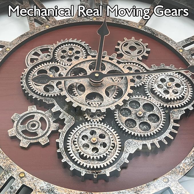 DORBOKER 40" Original Moving Gears Wall Clock, Large Industrial Wall Clock for Living Room Decor,Oversized Wood Vintage Farmhouse Steampunk Rustic Clocks for Wall Decor,Black Walnut