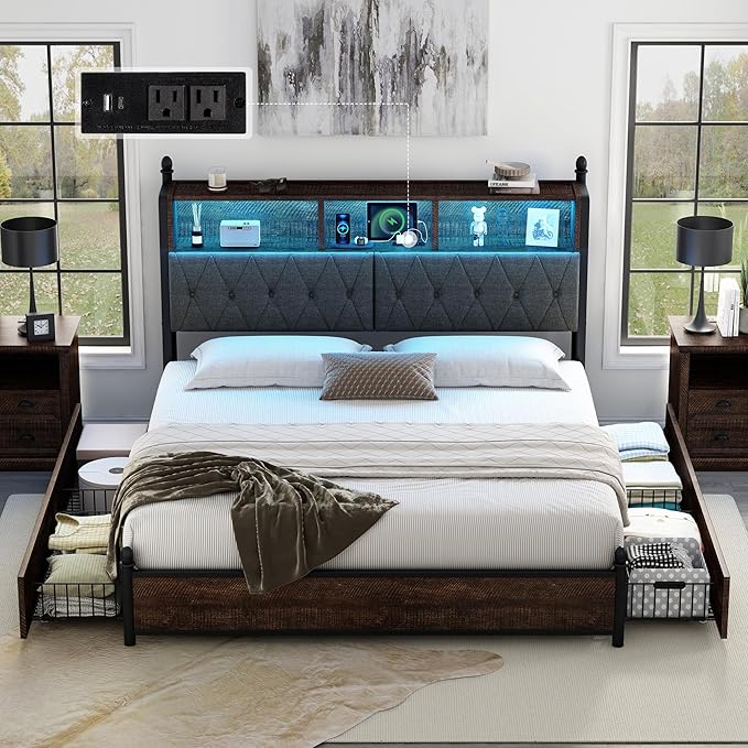 AMERLIFE King Size Bed Frame with Bookcase Headboard, 4 Storage Drawers, Wooden Platform Bed with Charging Station & LED Light, No Box Spring Needed, Noise-Free, Rustic Brown