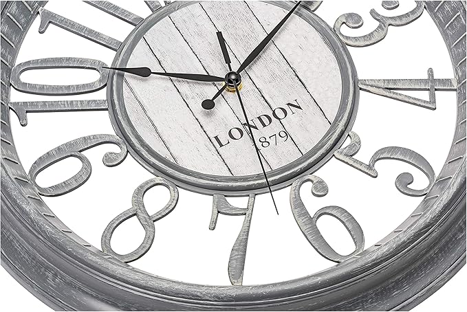 Bernhard Products Large Wall Clock 16 Inch Gray Noiseless Battery Operated Quality Quartz Rustic Farmhouse Shabby Chic Vintage Design for Kitchen/Living Room/Bedroom/Decorative Stylish Clocks
