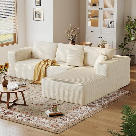 108'' Modular Sectional L-Shaped with Chair,Deep Seat Boneless Corner Couch for Living Room,Plush Corduroy Couch with Detachable Sofa Set,No Assembly(Right Facing Chaise，Beige)