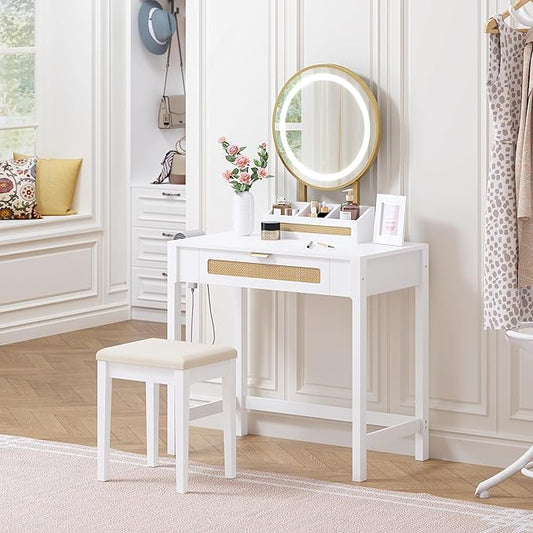 Spirich Makeup Vanity Desk with Mirror and Lights, Rattan White Vanity with Drawers, 3 Lighting Modes Small Vanity Dressing Table for Bedroom