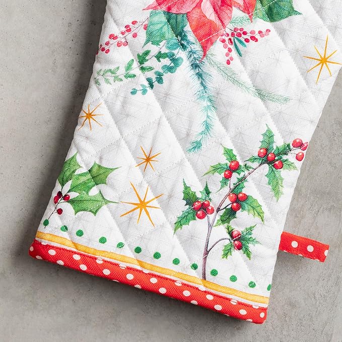 Maison d' Hermine Oven Gloves 100% Cotton Oven Mitt 7" x 13" with Loop Heat Resistant Cooking Gloves for Thanksgiving Christmas Decorations Baking Handling Hot Pans (Pack of 1, Poinsettia Christmas)