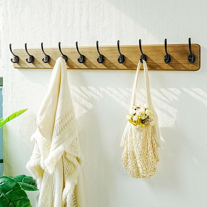 Dseap Coat Rack Wall: 38-1/4" Long, Patented, Heavy-Duty, 10-Double-Hooks Wooden Wall Mounted Coat Rack Coat Hanger Hook Rail for Winter Coats Hat Jacket Clothing, Weathered Brown, Pack of 2