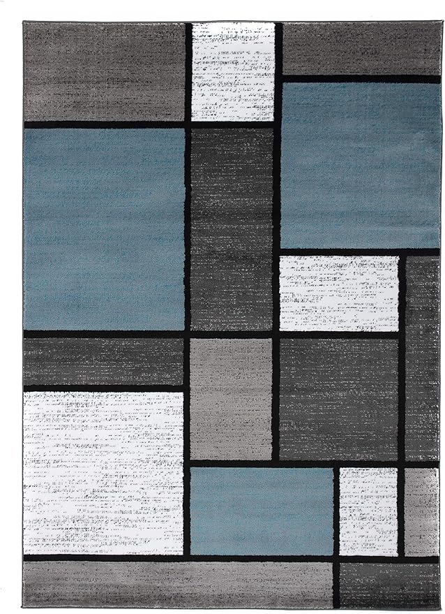 Rugshop Modern Geometric Boxes Blue Area Rug, Non-Shedding Carpet for Living Room,Kitchen, Bedroom, or Home Office, 5'3" x 7'3"