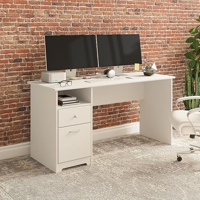 Bush Furniture Cabot 60W Office Desks for Home Office with Storage and Chrome Hardware, Elegant Computer Table with Drawers, White
