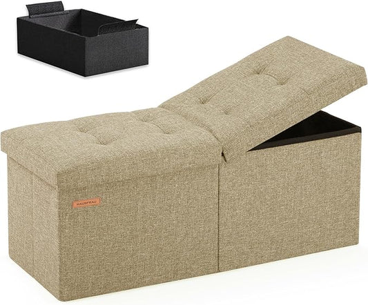 HAUSFRAU 31.5 Inches Ottoman with Storage Bench, Folding Ottoman Bench Small Foot Rest Stool, Bedroom Bench with Flipping Lid, Linen Kaki
