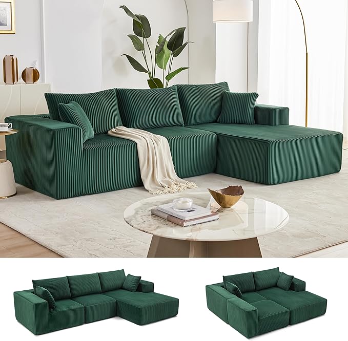 108” Modular Sectional Sofa, Cloud Sectional Couch with Deep Seat, Modern Modular L-Shape Sofa with Chaise,Upholstered Boneless Couches for Living Room Bedroom (Corduroy, Green)